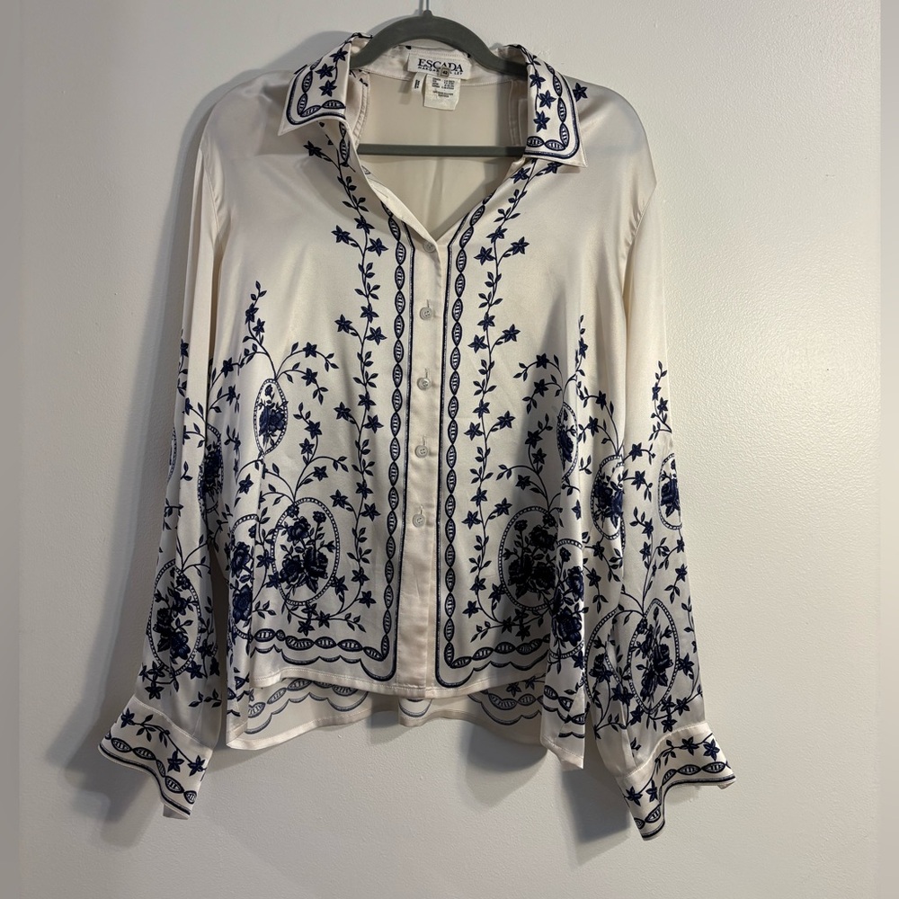 Escada Women's White and Blue Floral Silk  Blouse